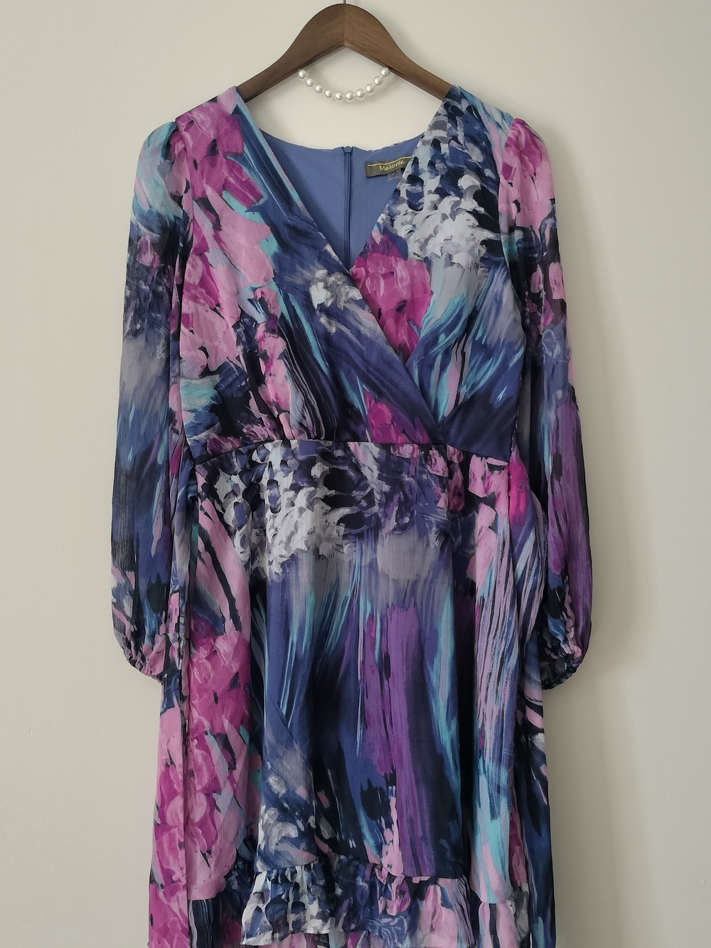 Melonie T Vibrant Floral Watercolor V-Neck Midi Dress in Purple and Blue